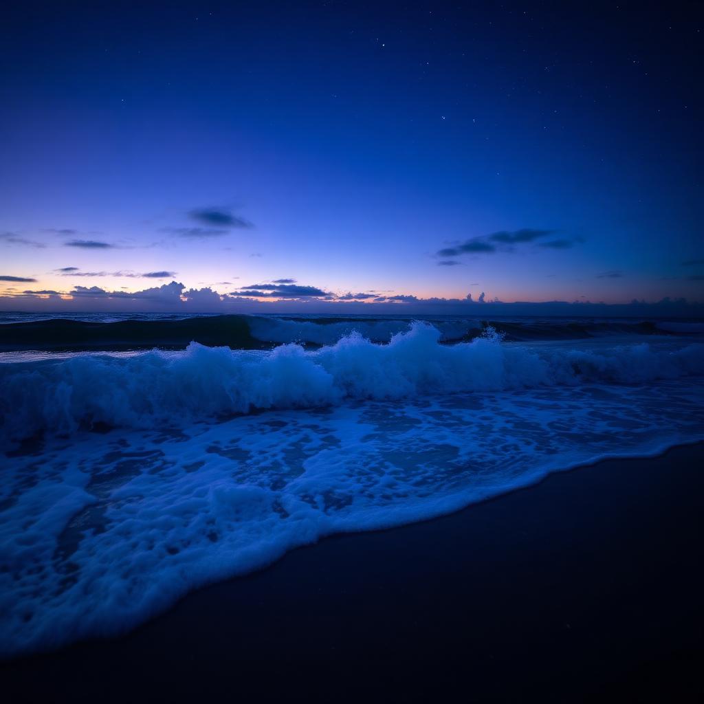 Bioluminescent ocean at twilight