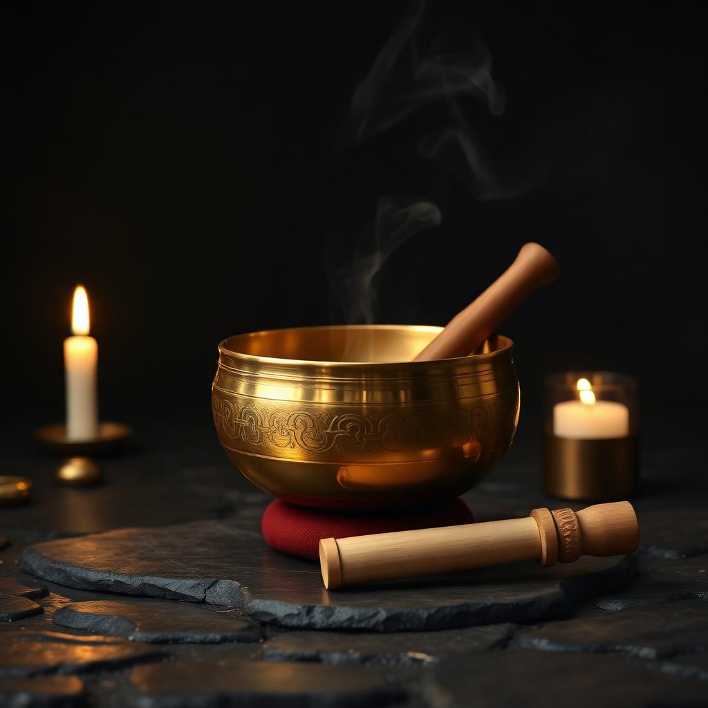 Golden Tibetan singing bowl by candlelight